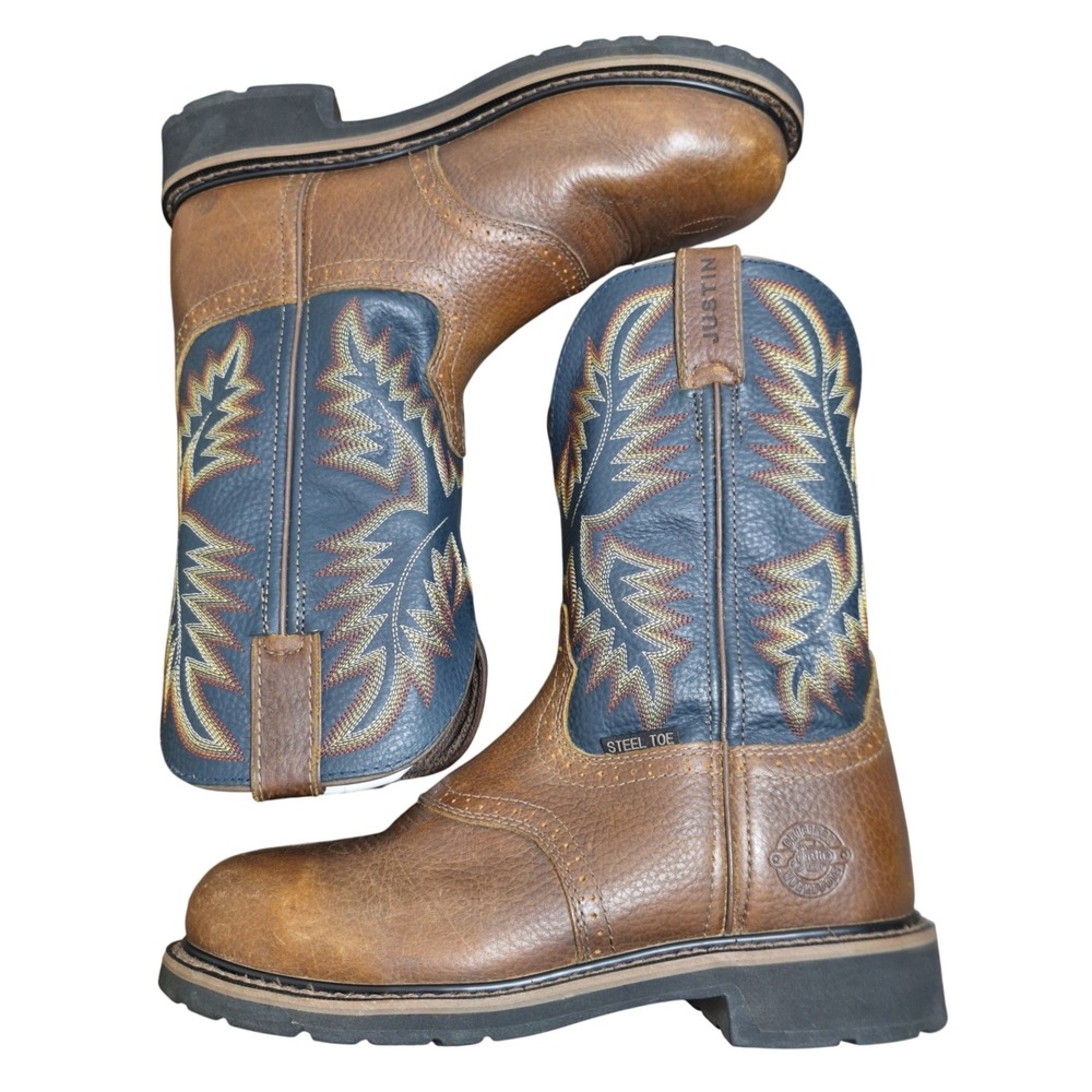 Justin Original Workboots Men's 9D Brown Blue Steel Toe Western Boots WK4666
